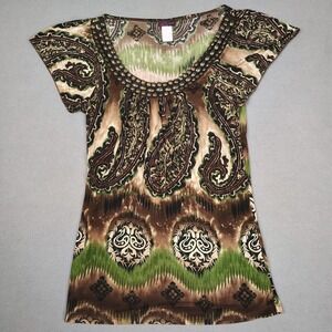 Vintage Y2K AGENDA Jeweled Blouse Women XS Green Paisley Fairy Whimsigoth USA